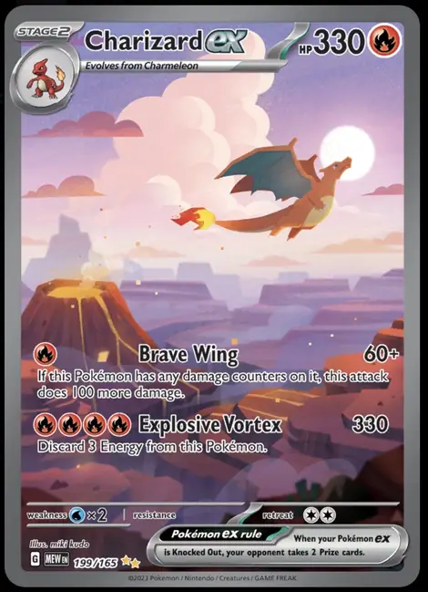 Charizard ex, card 199 of 165 from Pokemon 151. The illustration shows Charizard flying over a volcano at sunset.
