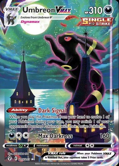 Umbreon VMAX, card 215 of 203 from Evolving Skies. The alternate art shows Umbreon climbing a moonlit clock tower against a green and blue sky.
