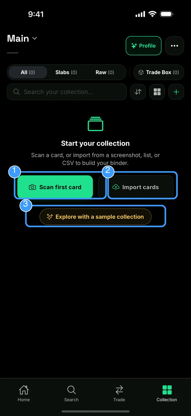 The empty Collection with Scan, Import, and the sample collection marked