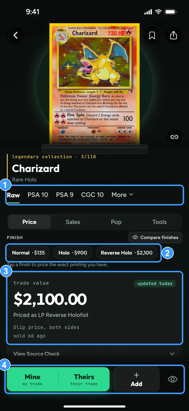 Card Detail with grades, finishes, trade value, and the action bar marked