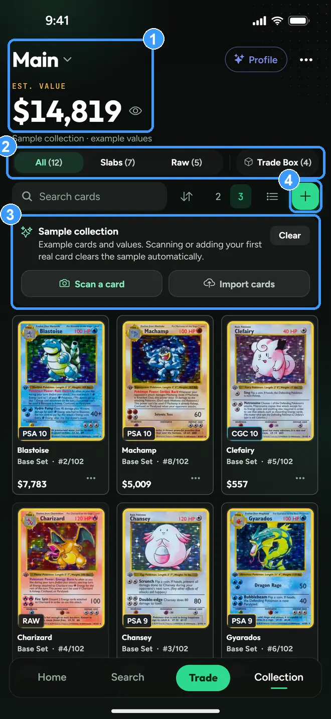 The Collection grid with the value header, filters, sample banner, and add button marked
