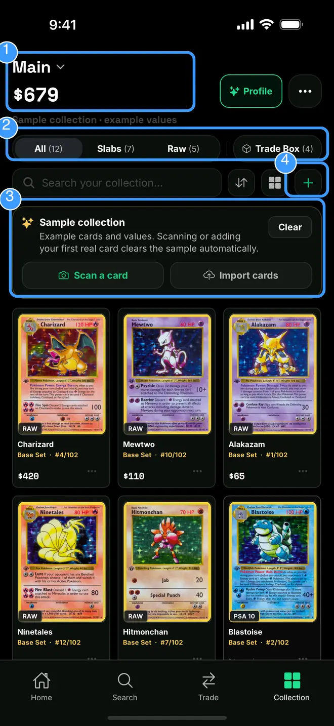 The Collection grid with the value header, filters, sample banner, and add button marked