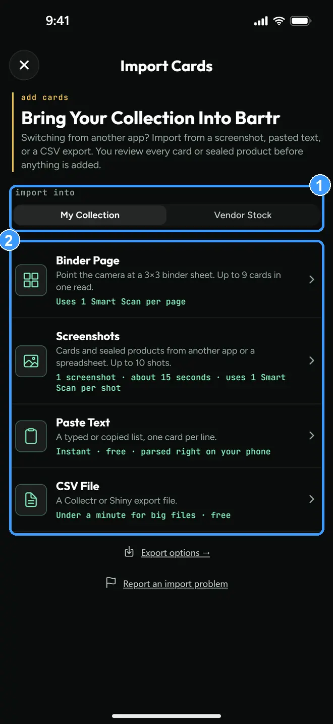 The Import Cards hub with the destination toggle and the four methods marked