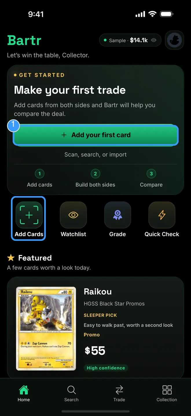 Home with the first-card button and the Add Cards action marked