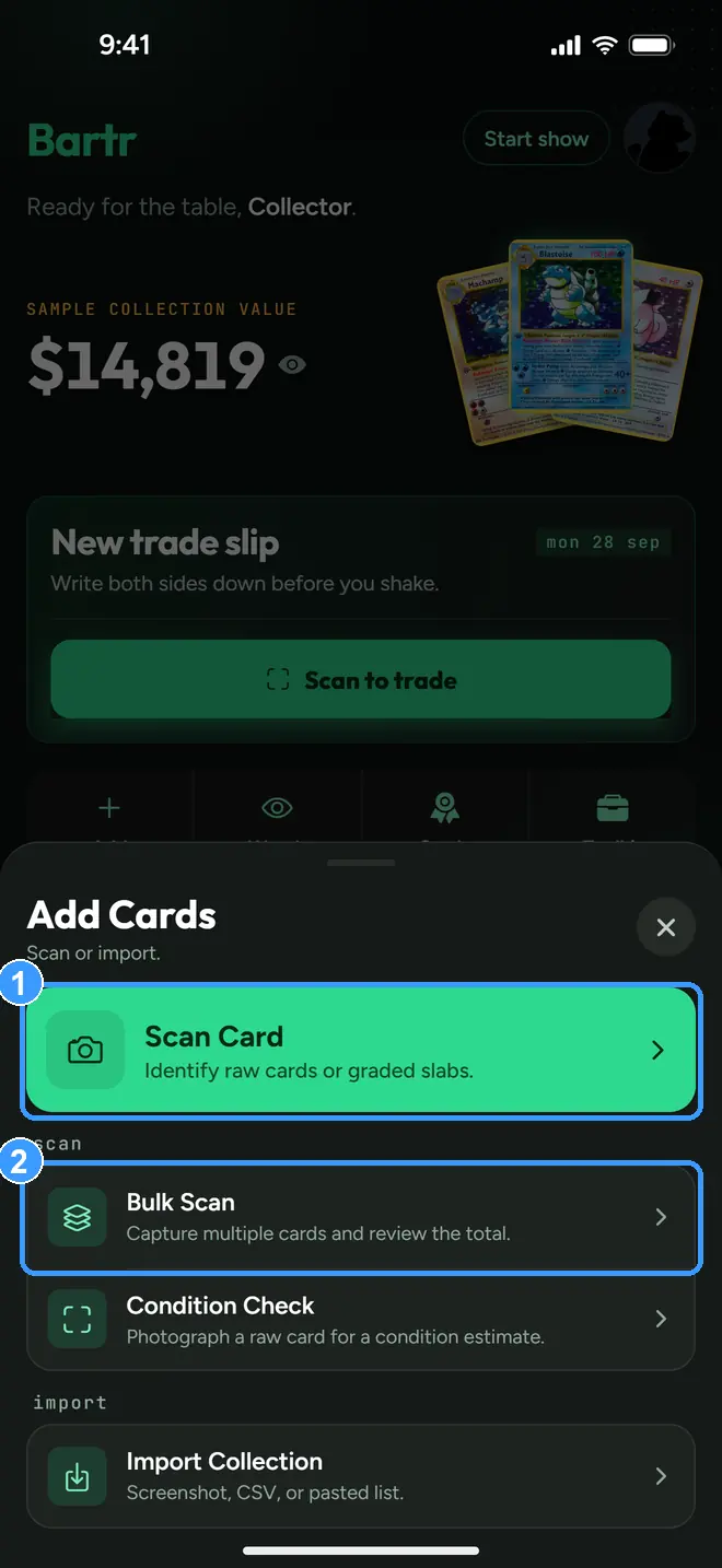 The Add Cards menu with Scan Card and Bulk Scan marked