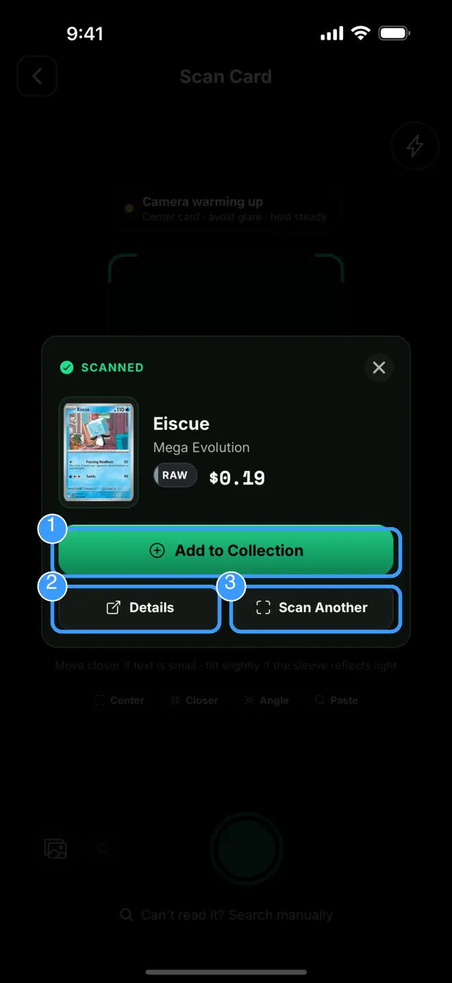The scanned result card with its three actions marked
