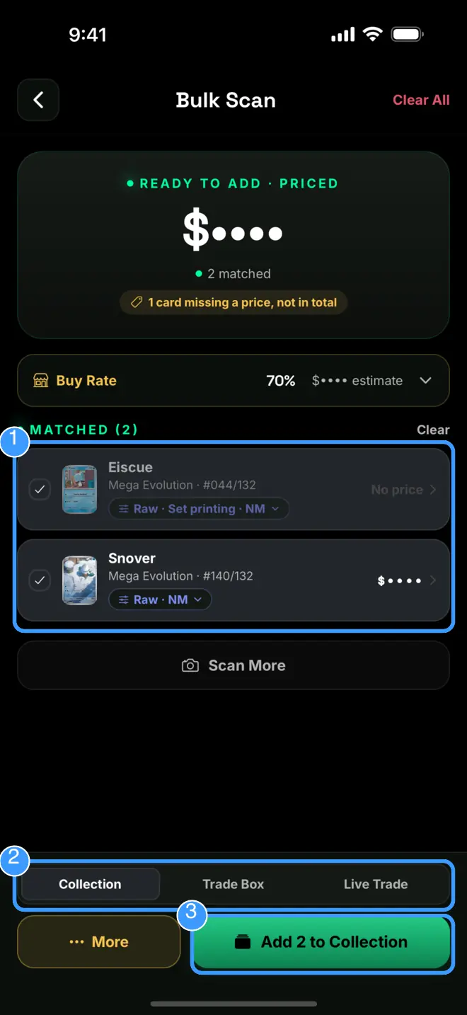 The Bulk Scan review screen with the matched list, destination, and add button marked