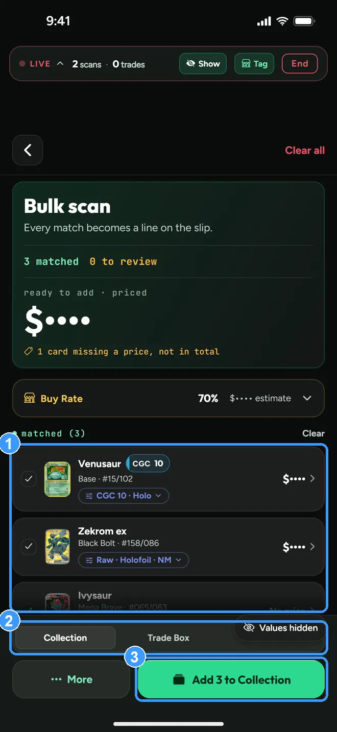 The Bulk Scan review screen with the matched list, destination, and add button marked