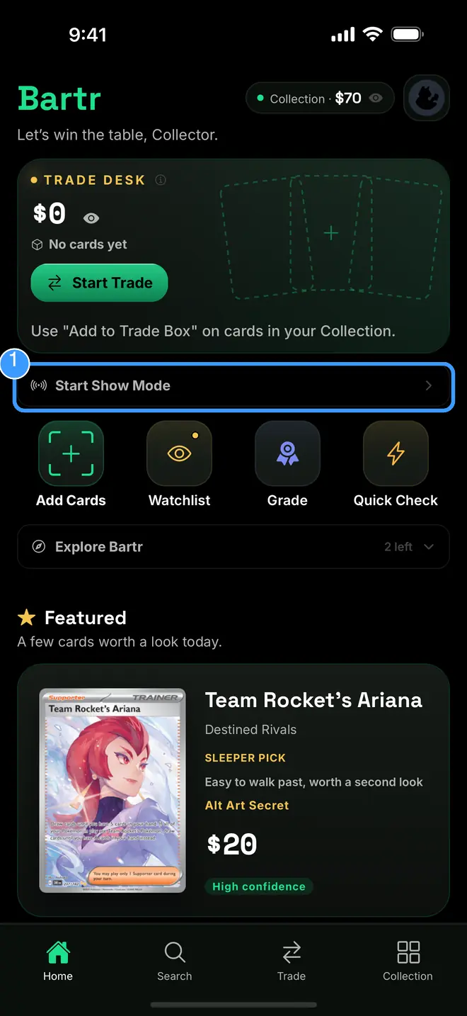 Home with the Start Show Mode row marked