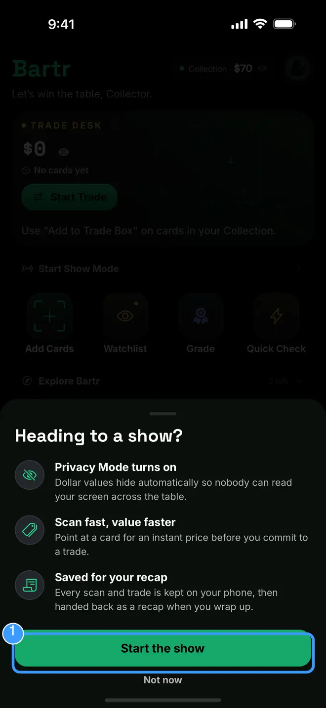 The Heading to a show sheet with Start the show marked