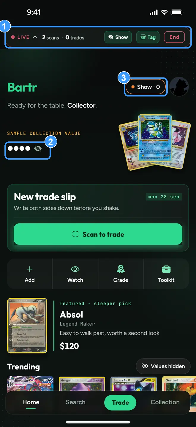 Show Mode running with the live bar, the masked value, and the Show chip marked
