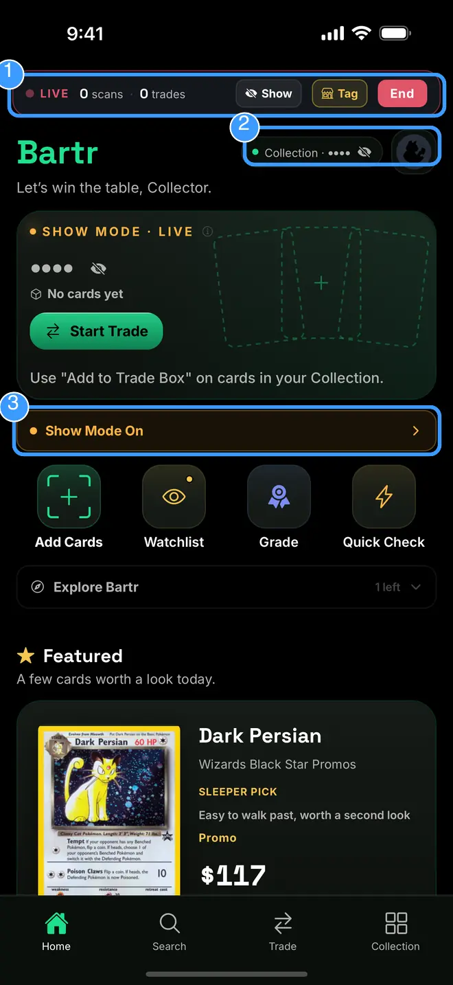 Show Mode running with the live bar, masked values, and the Show Mode On row marked