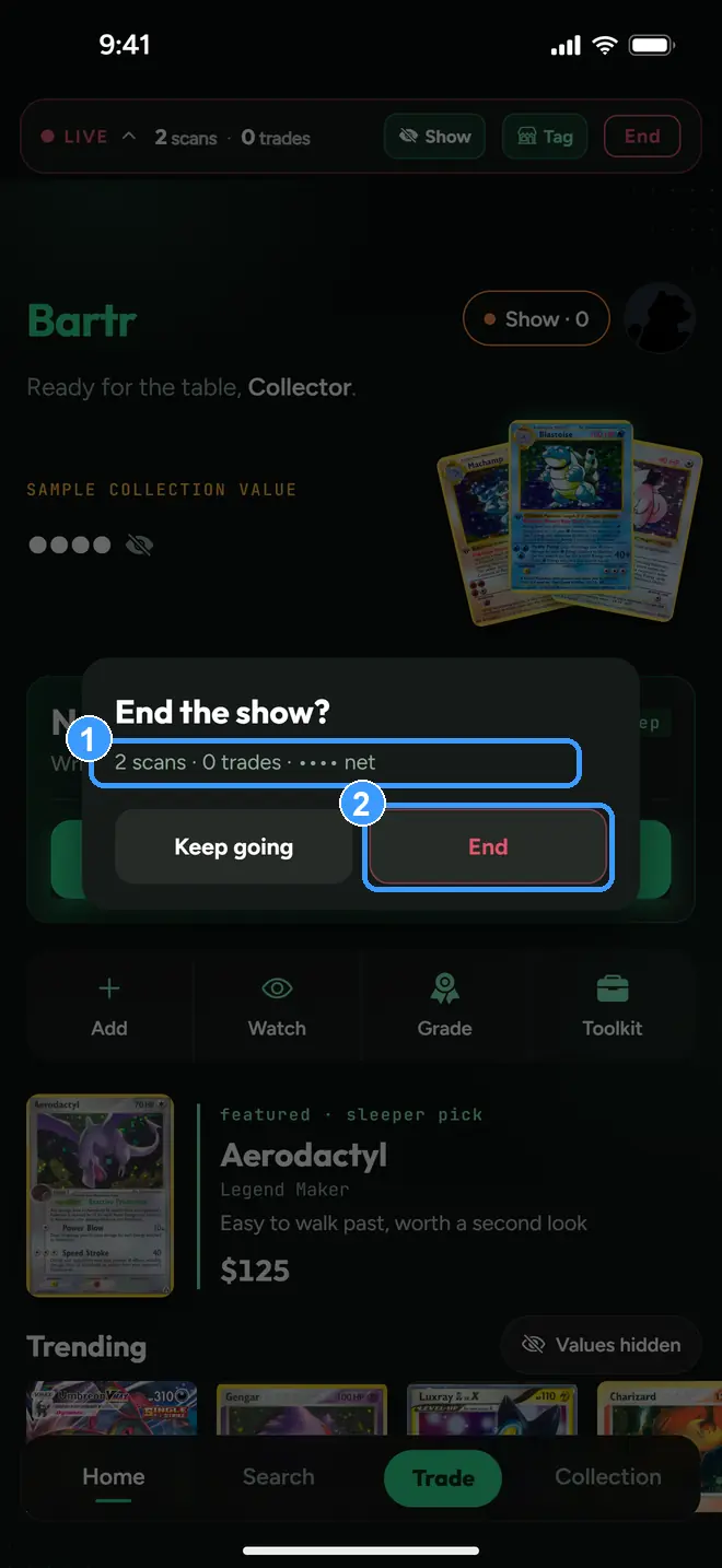 The End the show dialog with the session line and End marked