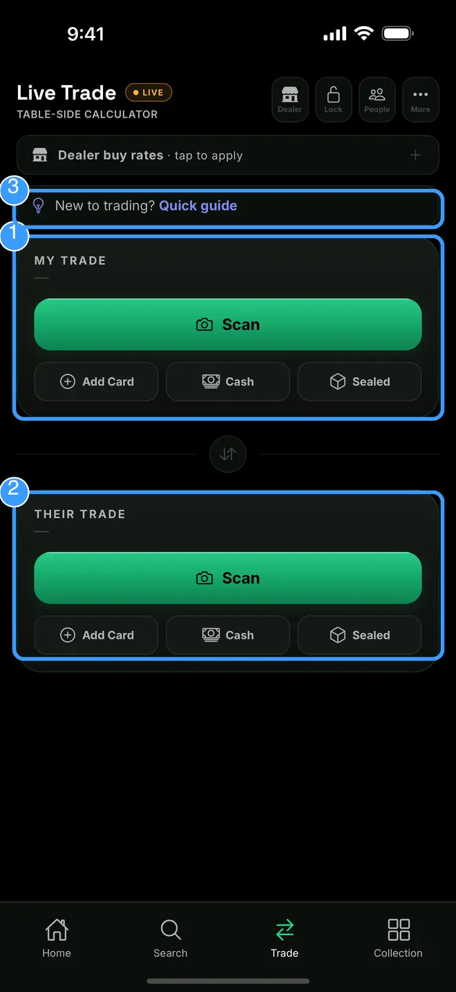 The empty Live Trade screen with both sides and the Quick guide link marked