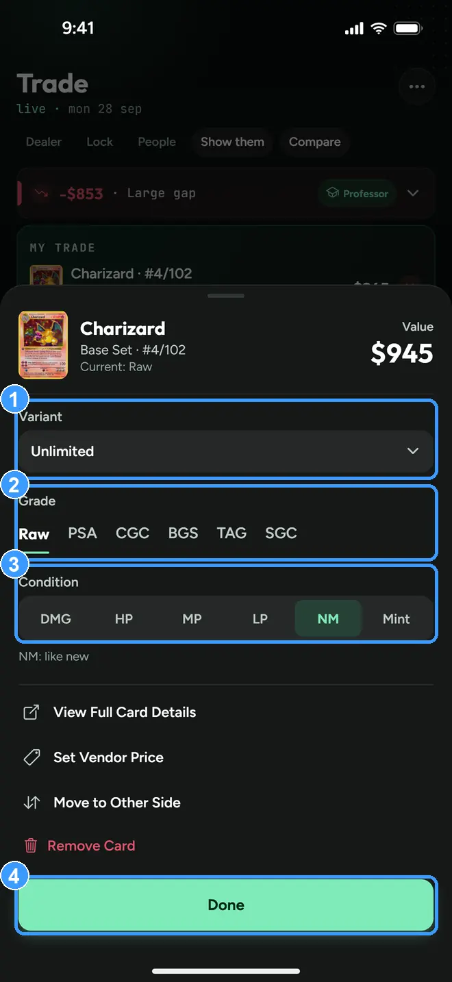 The card editor sheet with variant, grade, condition, and Done marked