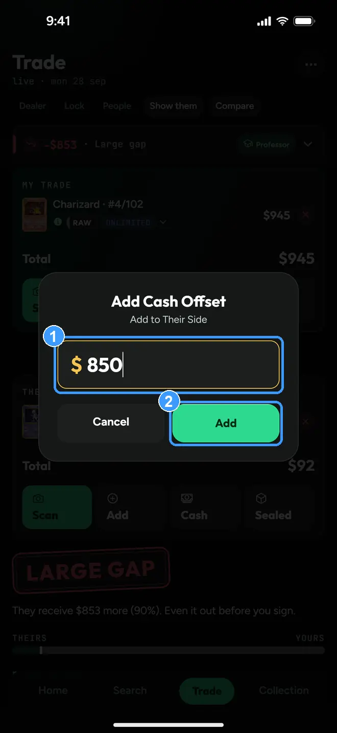 The Add Cash Offset dialog with the amount field and Add button marked