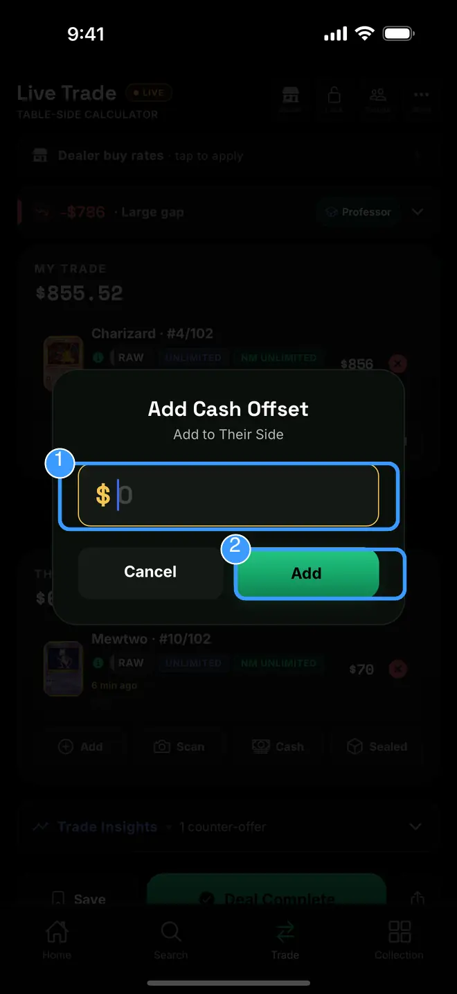 The Add Cash Offset dialog with the amount field and Add button marked
