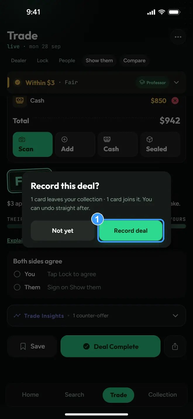 The Record this deal dialog with Record deal marked