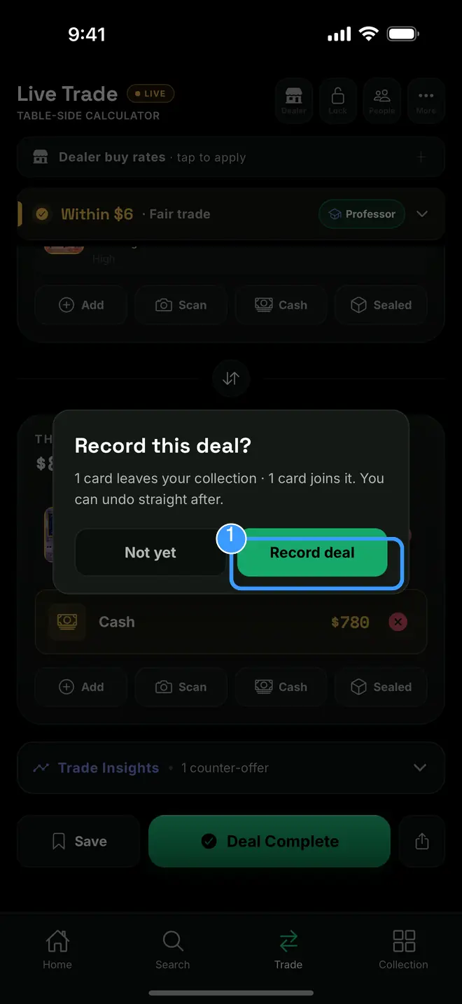 The Record this deal dialog with Record deal marked