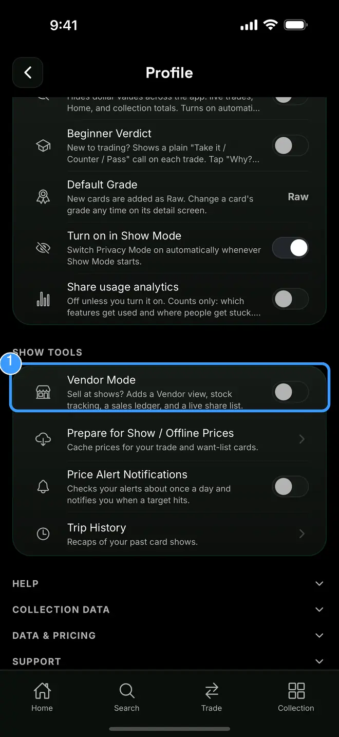 Profile Show Tools with the Vendor Mode switch marked