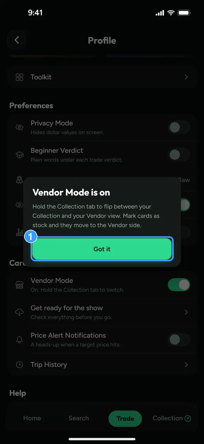 The Vendor Mode is on dialog with Got it marked