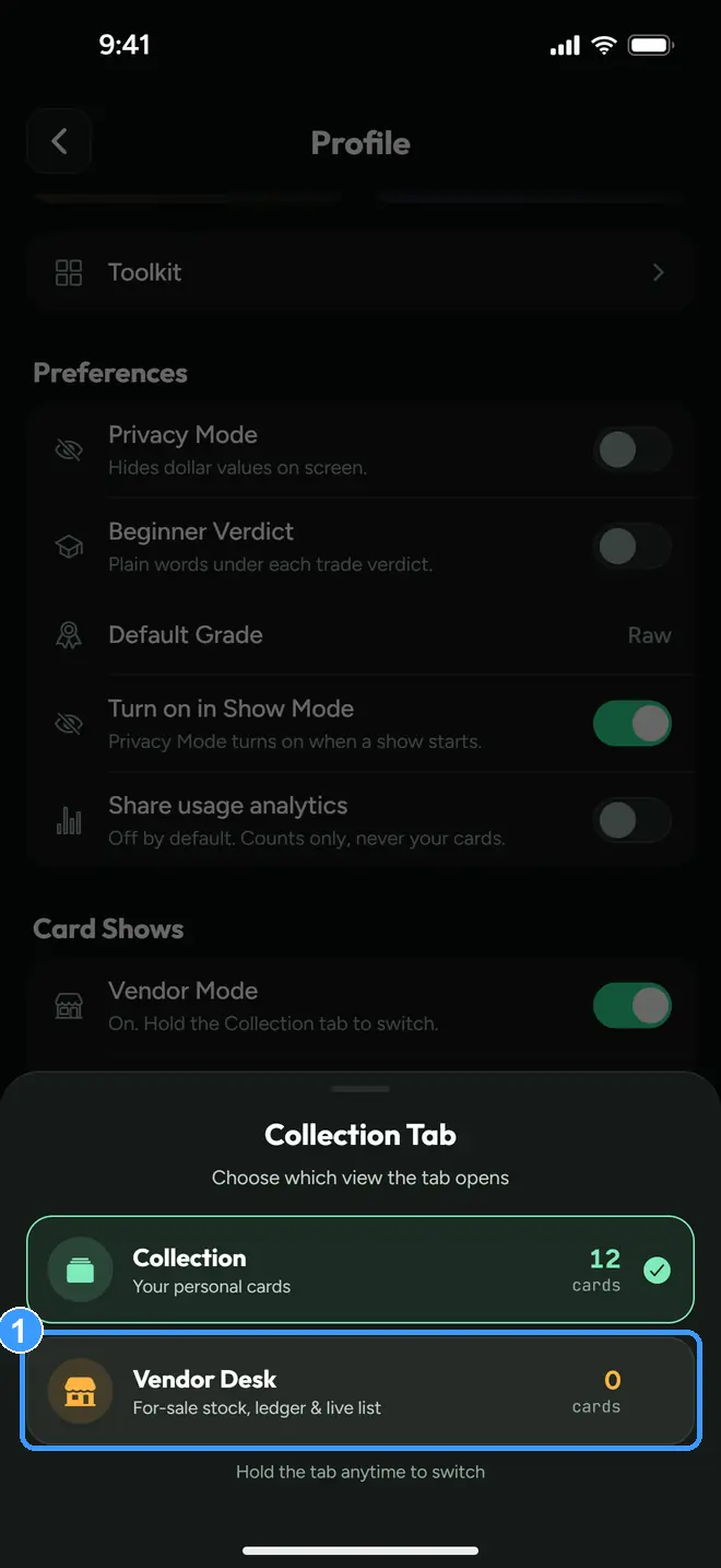 The Collection Tab chooser with Vendor Desk marked