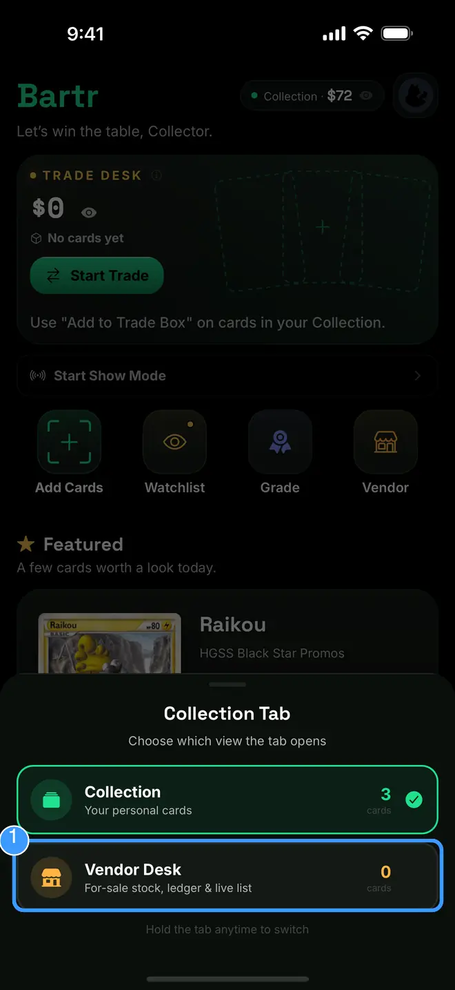The Collection Tab chooser with Vendor Desk marked
