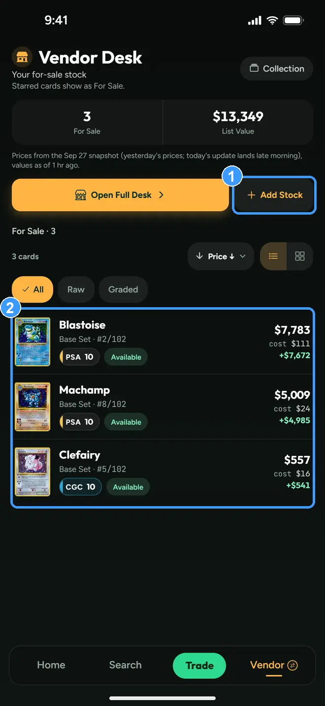 The Vendor Desk stock view with Add Stock and the stock rows marked