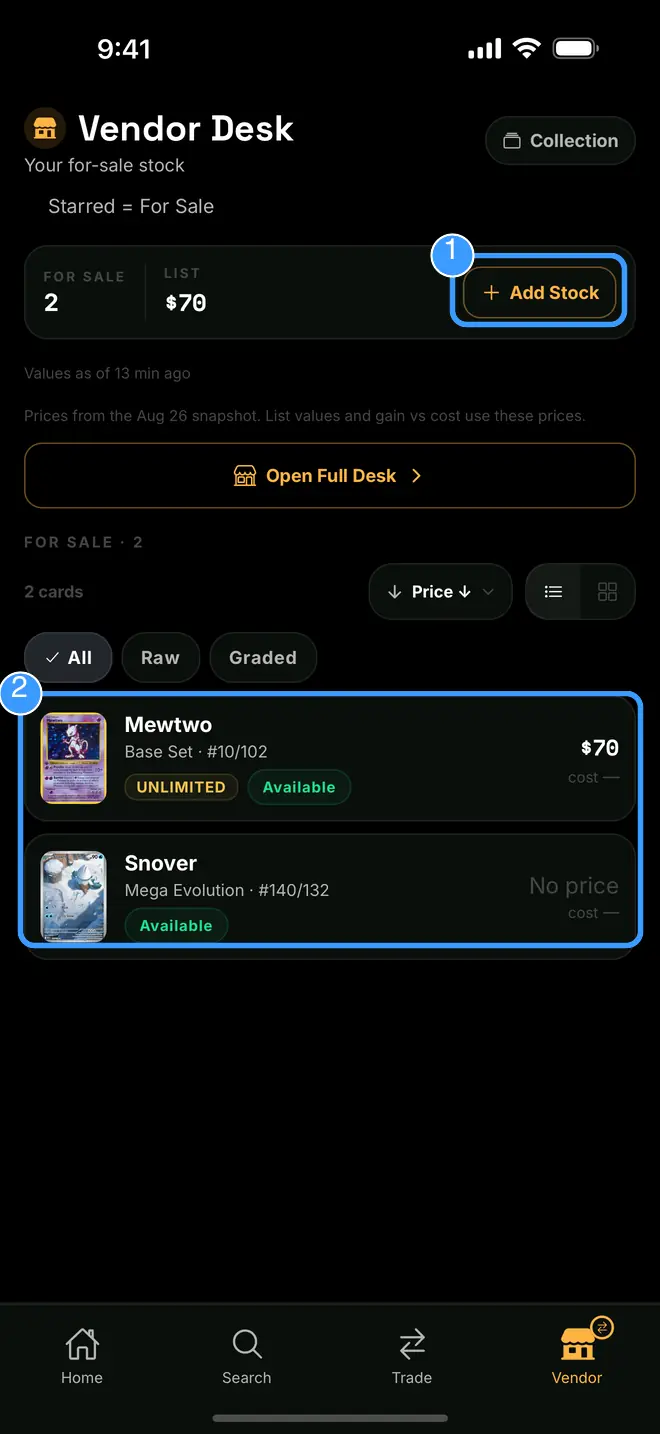 The Vendor Desk stock view with Add Stock and the stock rows marked