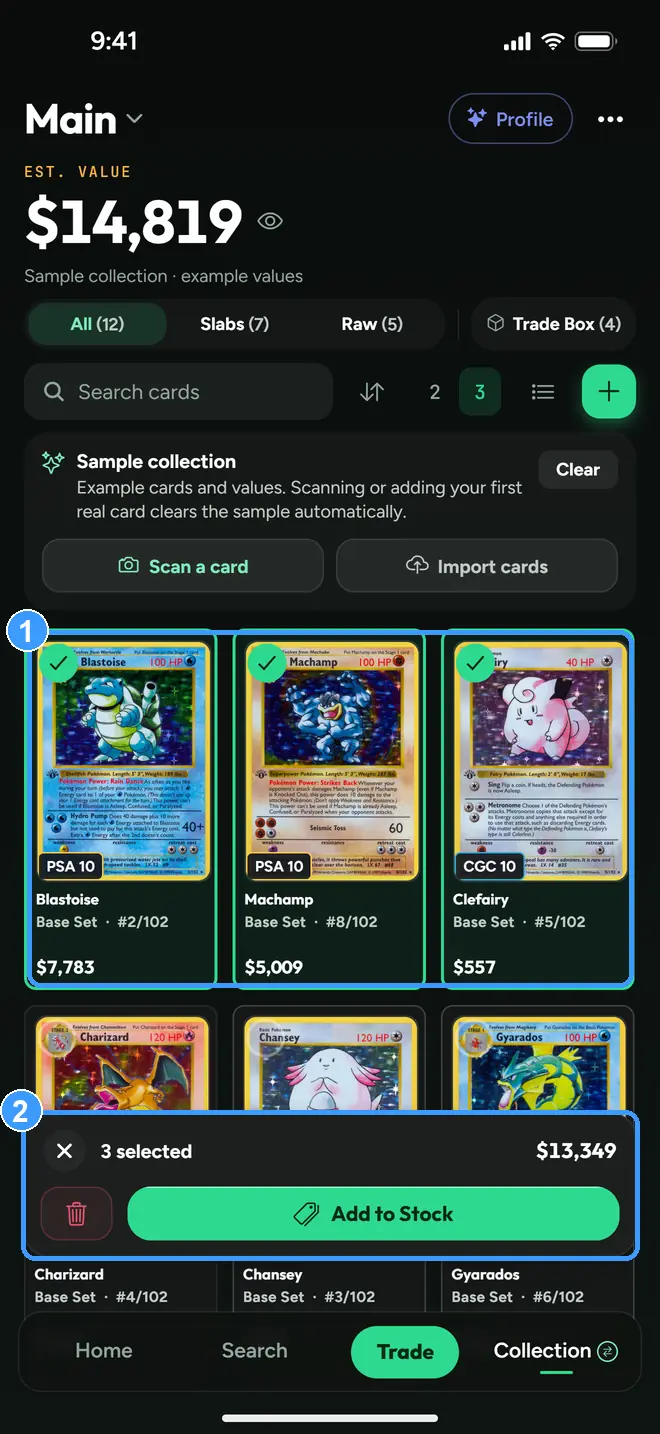 The stock picker with selected cards and Add to Stock marked