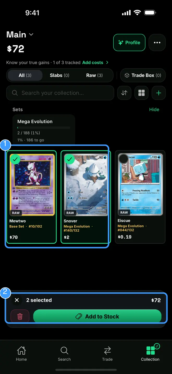 The stock picker with selected cards and Add to Stock marked