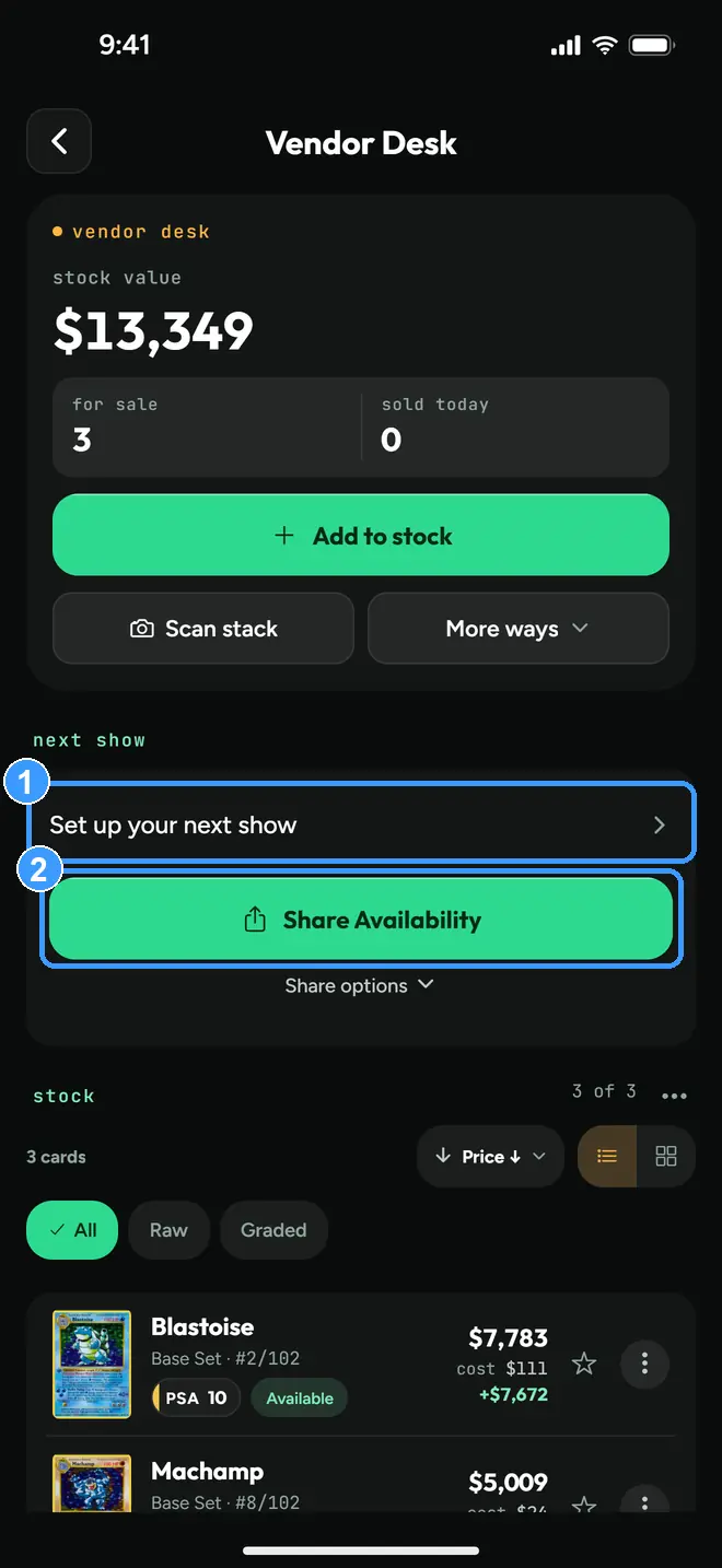 The full Vendor Desk with the next show row and Share Availability marked