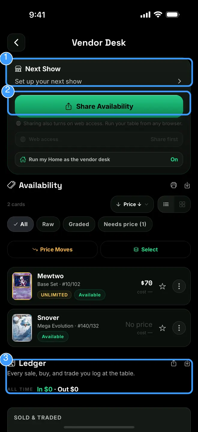 The full Vendor Desk with Next Show, Share Availability, and the Ledger marked