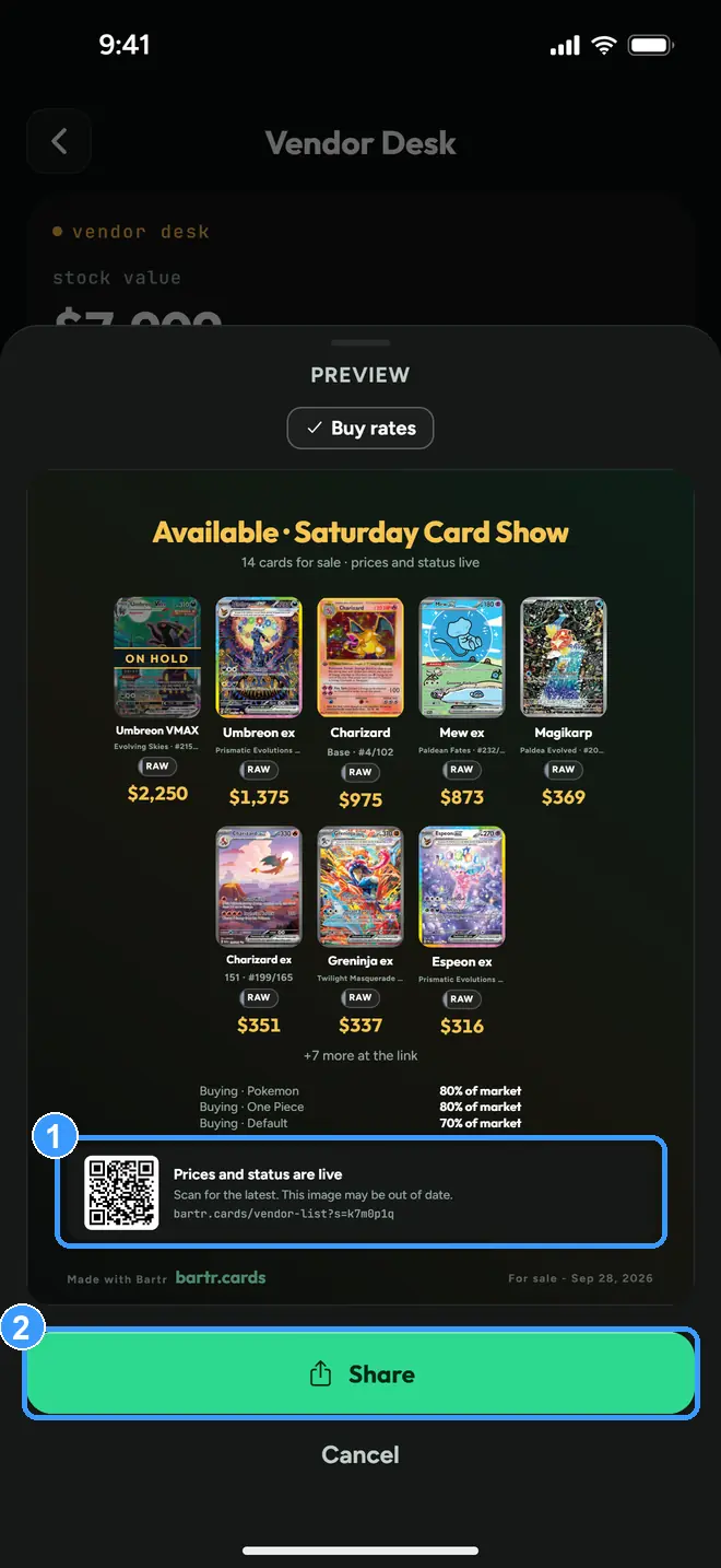 The share preview with the QR code and Share button marked