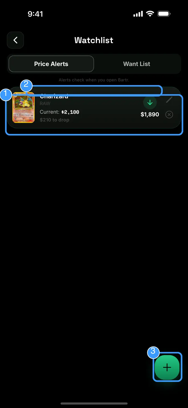 The Price Alerts tab with the alert row, the check note, and the add button marked