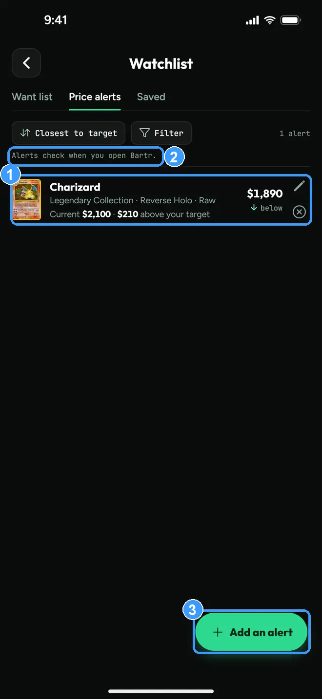 The Price Alerts tab with the alert row, the check note, and the add button marked
