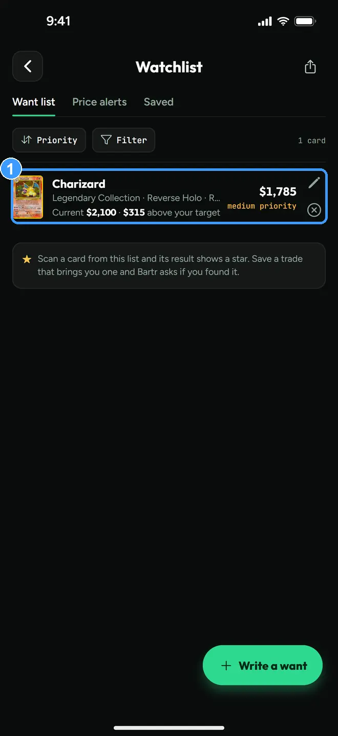 The Want List tab with the entry row marked