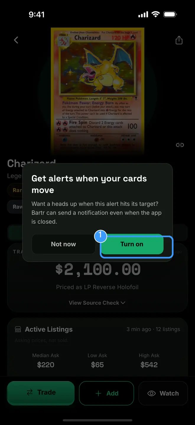 The alerts notification offer with Turn on marked