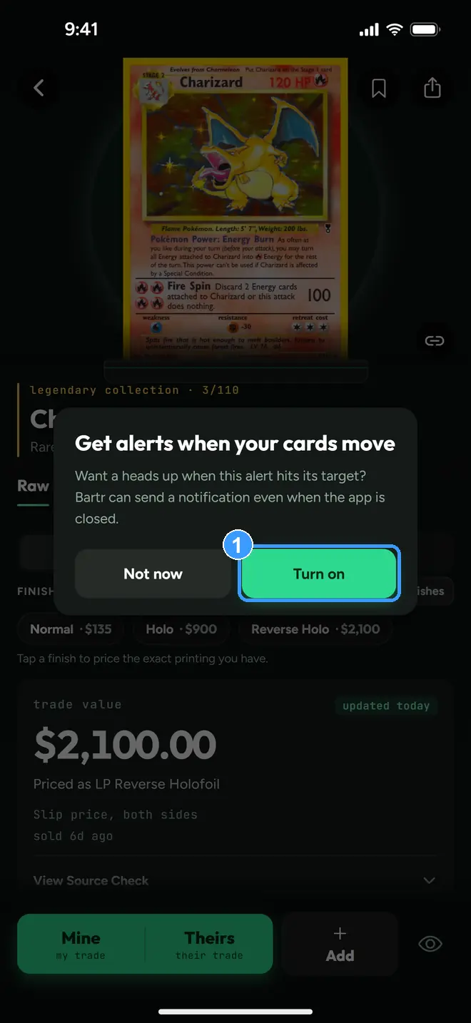 The alerts notification offer with Turn on marked