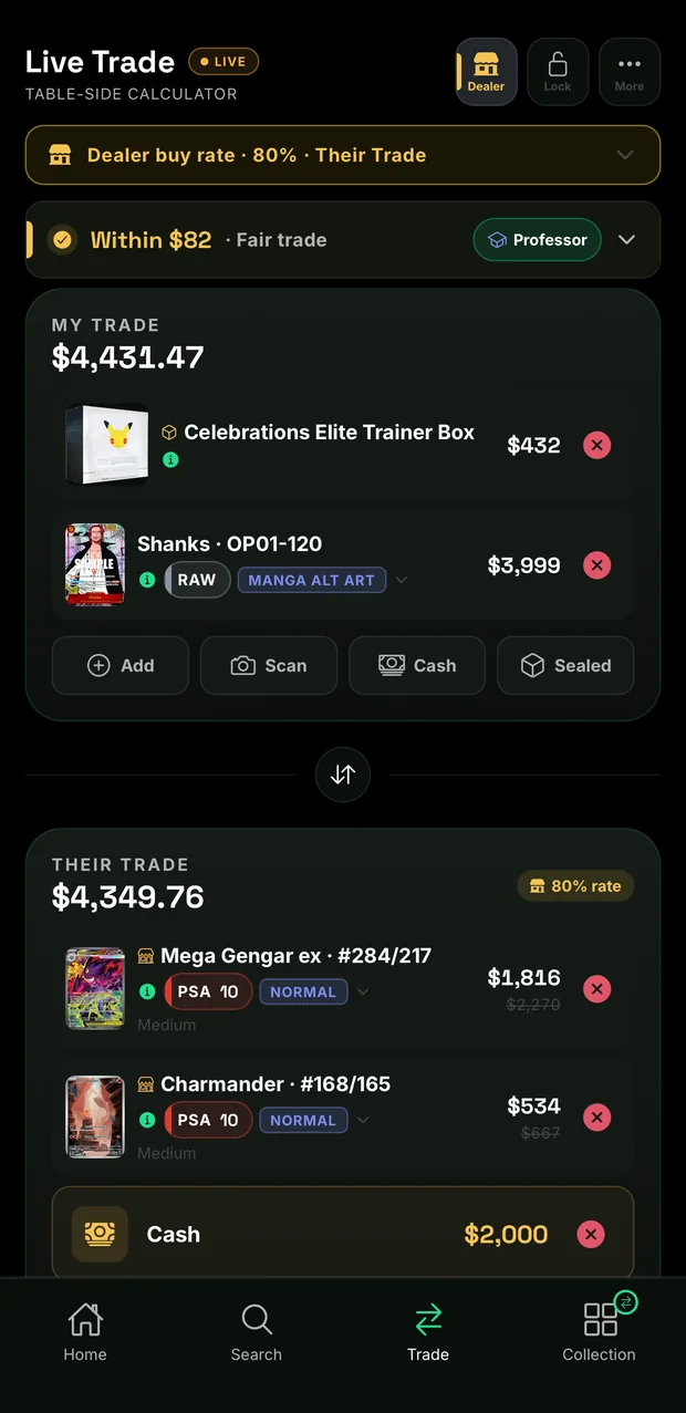 The Bartr live trade calculator showing a fair trade verdict at an 80 percent dealer buy rate, with a sealed Pokémon box and a One Piece card on one side, and two PSA 10 slabs plus cash on the other.