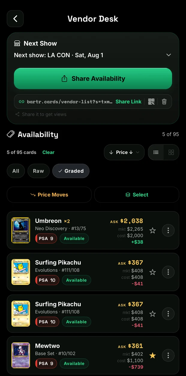 The Bartr Vendor Desk availability view: a Share Availability button above a bartr.cards vendor list link and its QR code, then graded cards for sale, each row showing the asking price against market and cost with the margin in green or red.
