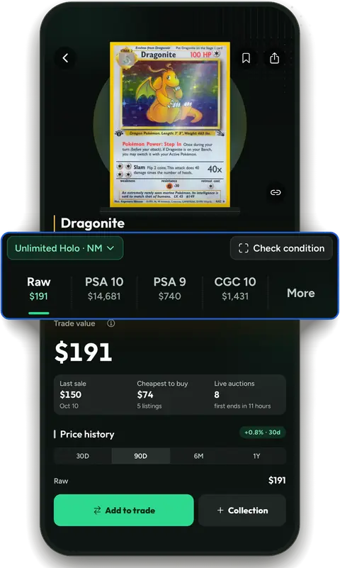 Card Detail for Dragonite in Bartr, with separate prices for raw, PSA 10, PSA 9 and CGC 10, and the last sale and cheapest listing below.