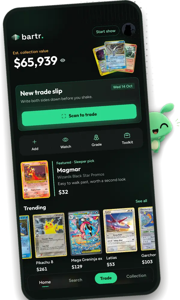 Bartr Home on iPhone: a New trade slip with a Scan to trade button, a featured sleeper pick and trending cards, with the Bartr mascot peeking around the side.