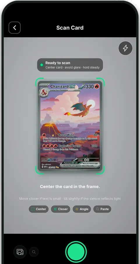 The Bartr scanner framing a Charizard ex card under the prompt Ready to scan, center card, avoid glare, hold steady.