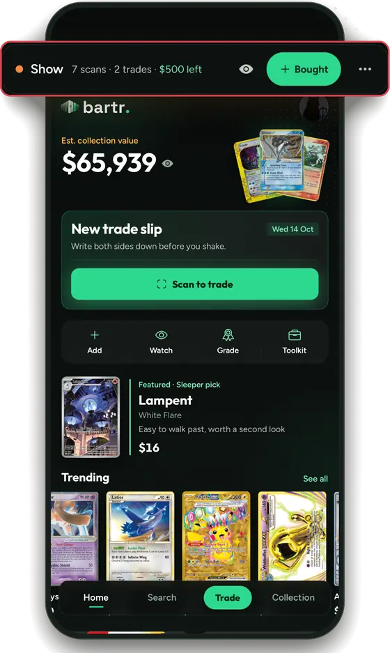 Bartr during a card show: the Show bar at the top reads 7 scans, 2 trades, $500 left, with a Bought button.