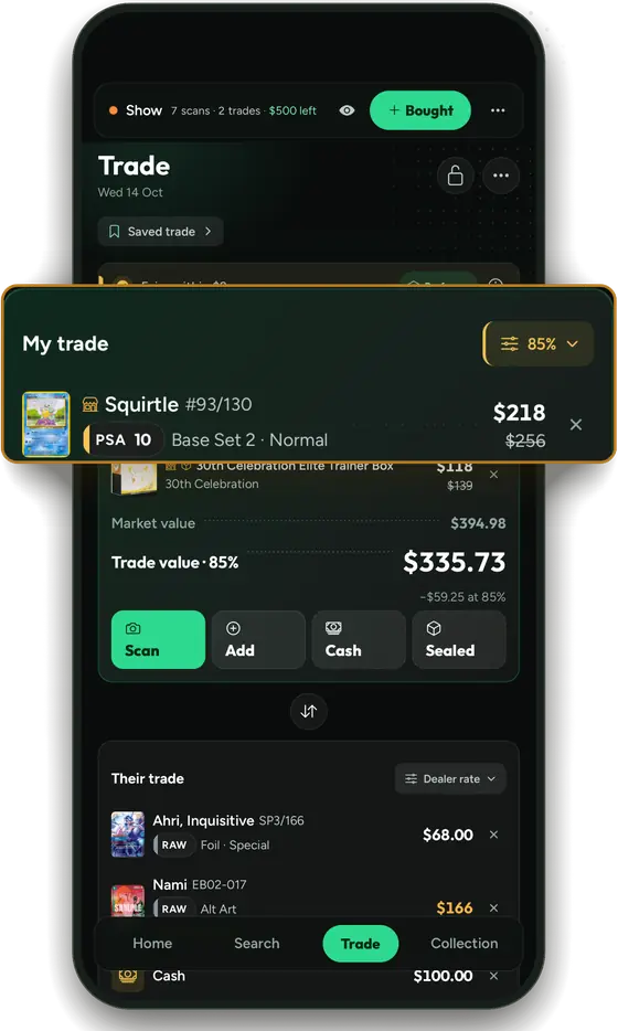 A live trade in Bartr: My trade holds a PSA 10 Squirtle at an 85% rate, with the market value and the trade value added up below, and their side underneath.