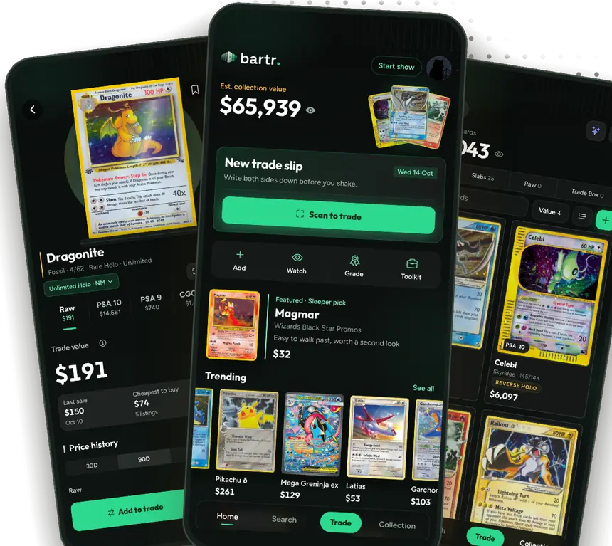 Three Bartr screens side by side: Card Detail for Dragonite, Home with a New trade slip, and a collection of graded cards.